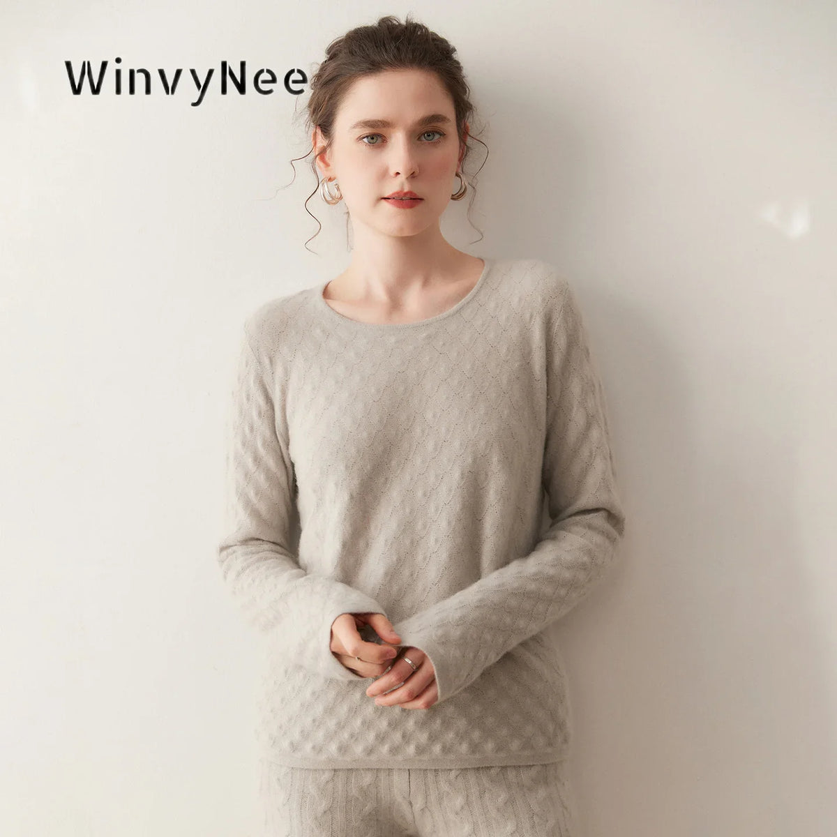 Damen Pullover Rundhalsausschnitt Langarm Strickpullover Strukturiert