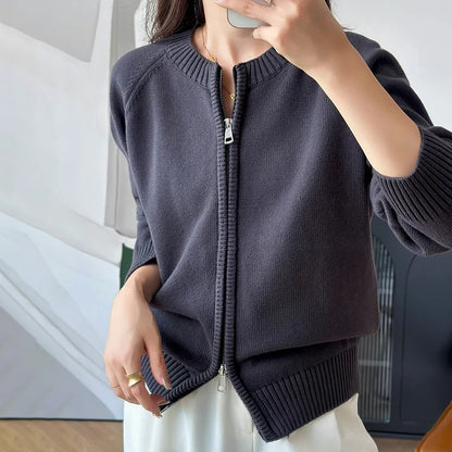 Women's zip-up cardigan with crew neck