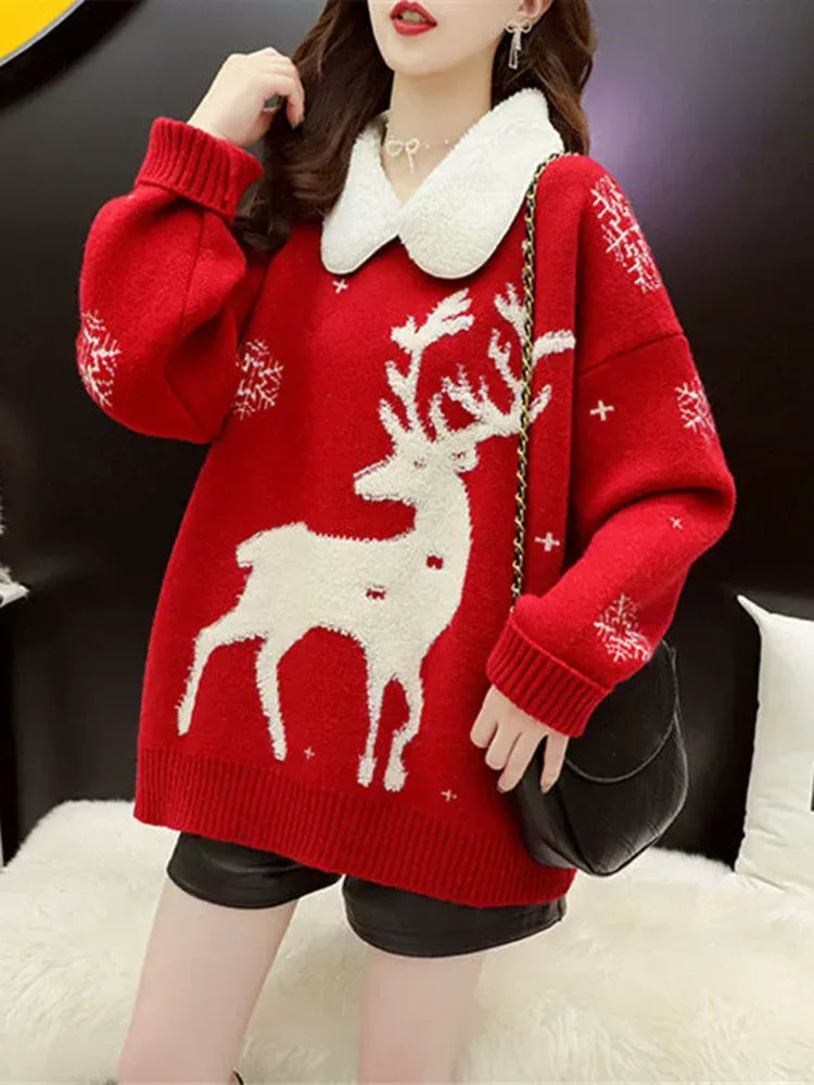 Women's Christmas sweater with deer motif, crew neck, and teddy fleece collar, long sleeves