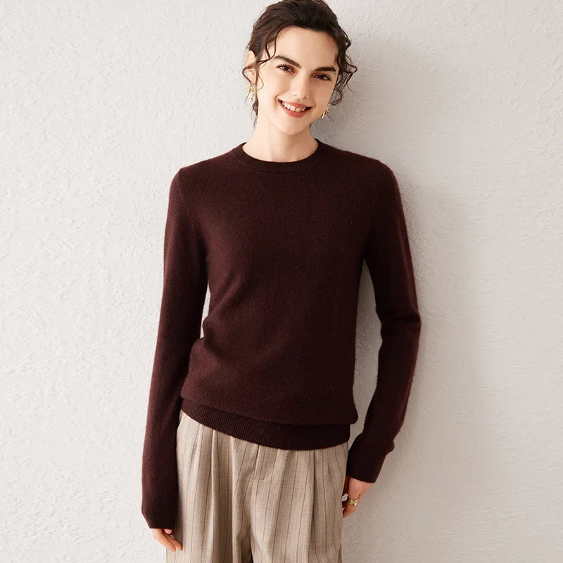Women's crew-neck long-sleeve basic knitted sweater, cozy pullover