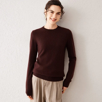 Women's crew-neck long-sleeve basic knitted sweater, cozy pullover