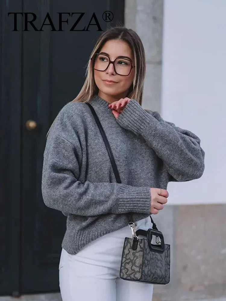 Women's Crew Neck Long-Sleeve Knit Sweater Ribbed Cuffs