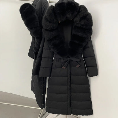 Damen Winter Steppmantel Lang mit Kunstfellkragen Bindegürtel