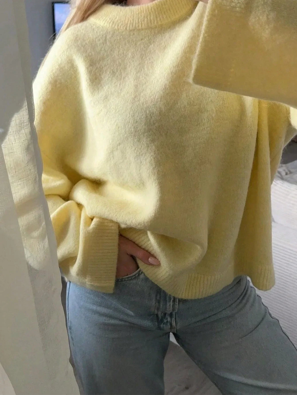 Yellow women's sweater, crew neck, long sleeve, relaxed fit