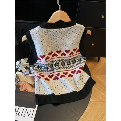 Strickweste Damen Ärmellos Rundhals Pullover mit Herz- und Schneeflockenmuster