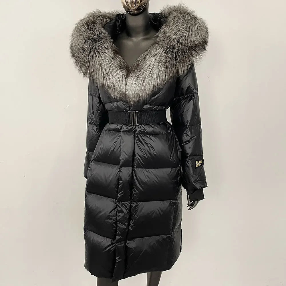 Women's long winter quilted coat with faux-fur hood and belt