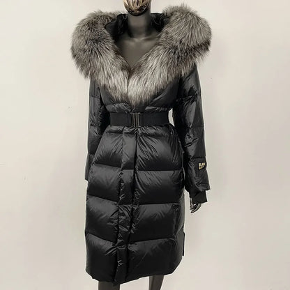 Women's long winter quilted coat with faux-fur hood and belt