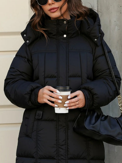 Long quilted coat with hood for women, black