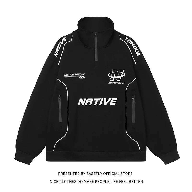 Unisex half-zip jacket with stand-up collar, black and white, with zippered pockets