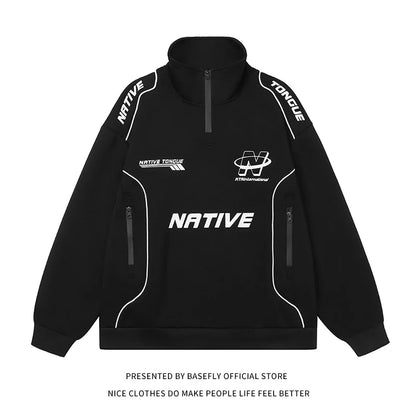 Unisex half-zip jacket with stand-up collar, black and white, with zippered pockets