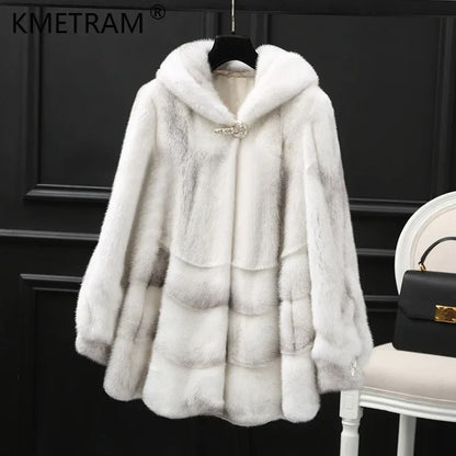 Damen Kunstfelljacke mit Kapuze, gestreiftes Design, mittellang