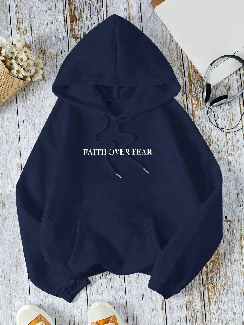 Hoodie with "Faith Over Fear" lettering and Bible quote, oversized hoodie