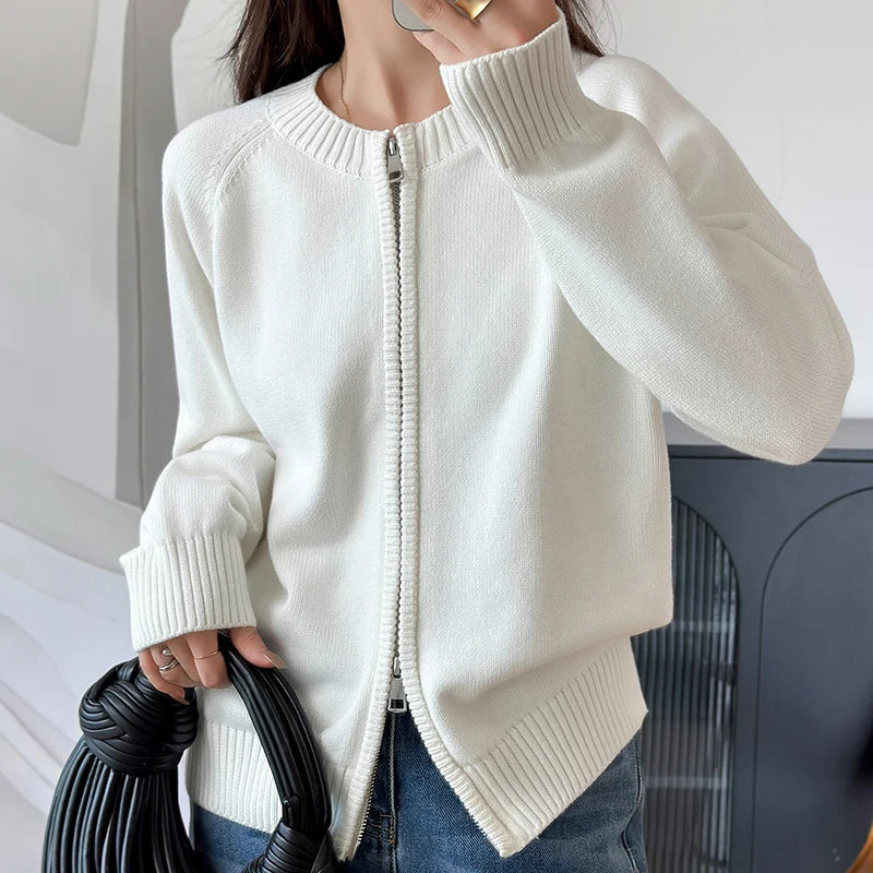 Women's zip-up cardigan with crew neck