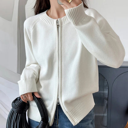Women's zip-up cardigan with crew neck