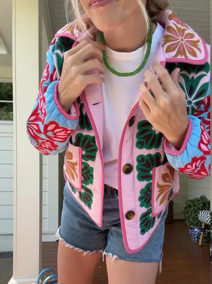 Women's colorful quilted jacket with floral embroidery, pink, blue, green, red, short quilted jacket
