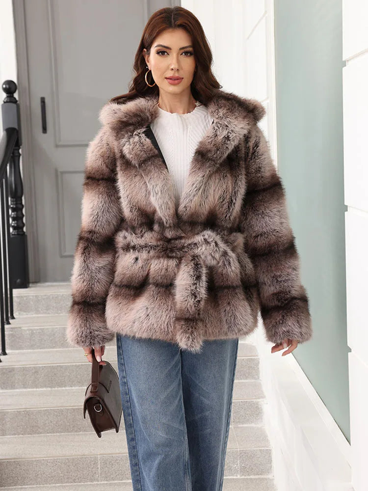 Women's striped faux-fur jacket with hood and tie belt