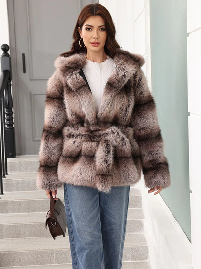 Women's striped faux-fur jacket with hood and tie belt