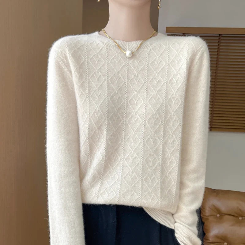 Women's crew-neck knitted sweater with diamond pattern long sleeves