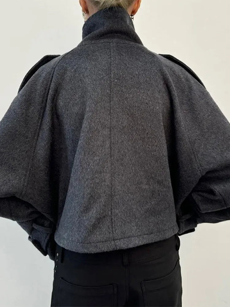 Short women's jacket with stand collar, gray and black, oversized
