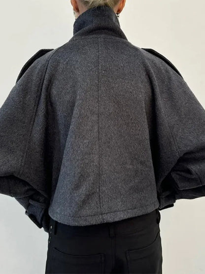 Short women's jacket with stand collar, gray and black, oversized