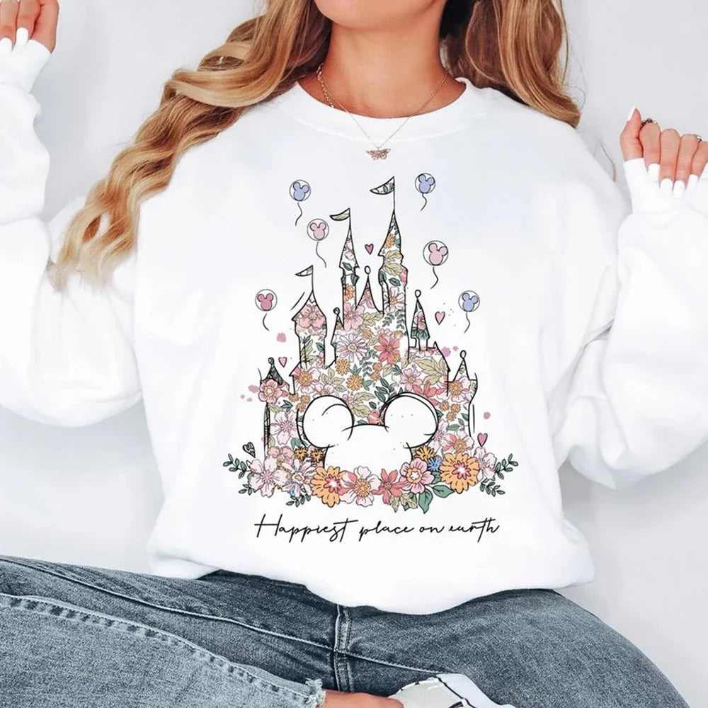 Damen Sweatshirt mit Blumen Schloss Druck & Mickey Motiv Rundhals