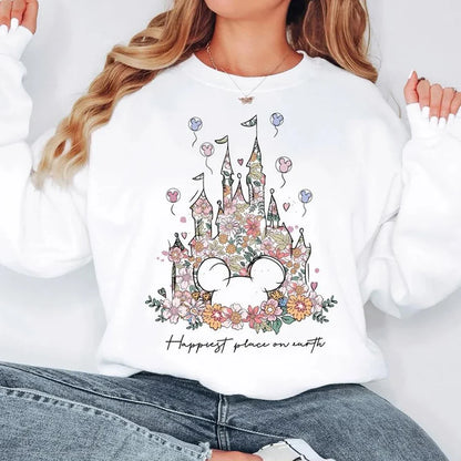 Damen Sweatshirt mit Blumen Schloss Druck & Mickey Motiv Rundhals