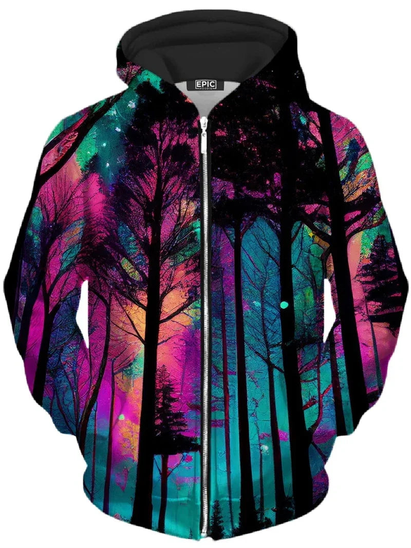 Zip-Up Hoodie with Colorful Tree Print