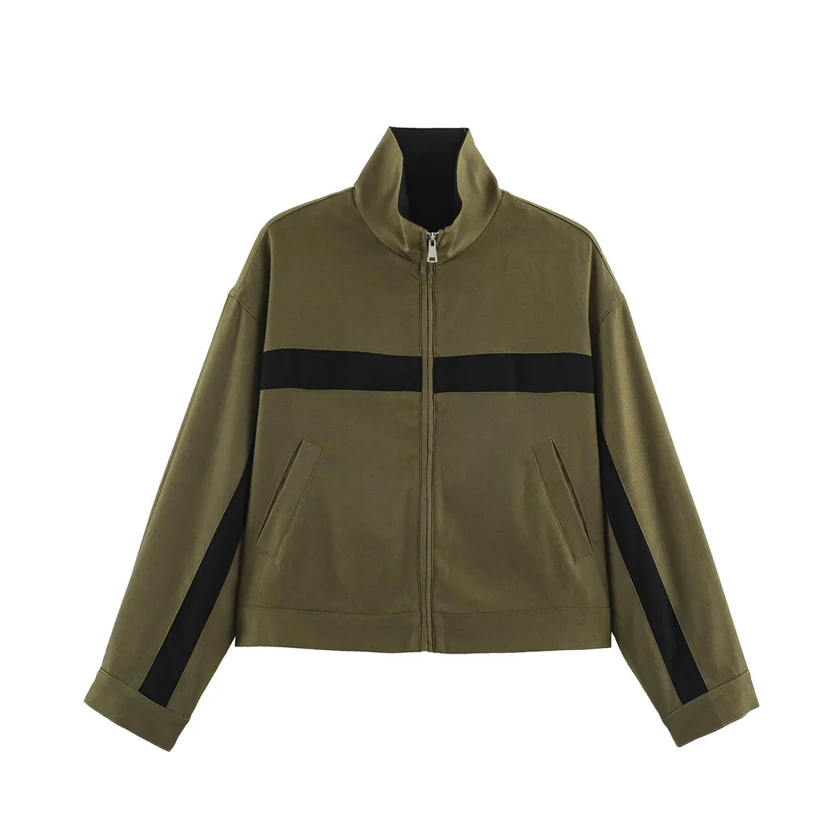 Women's cropped jacket with zipper, stand collar, and block stripes