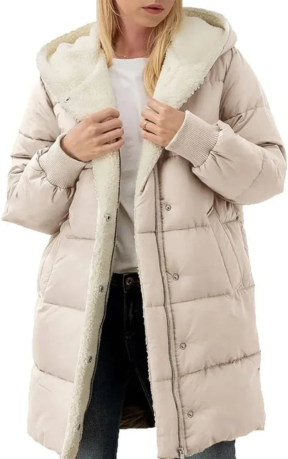Damen Winter Steppmantel mit Kapuze & Teddyfutter Lang