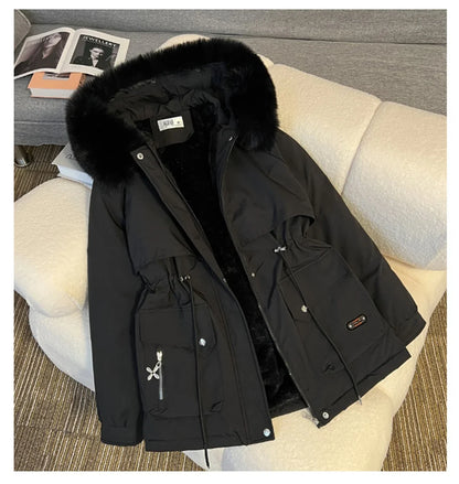 Women's winter parka with hood, faux-fur lining, drawstring, warm jacket