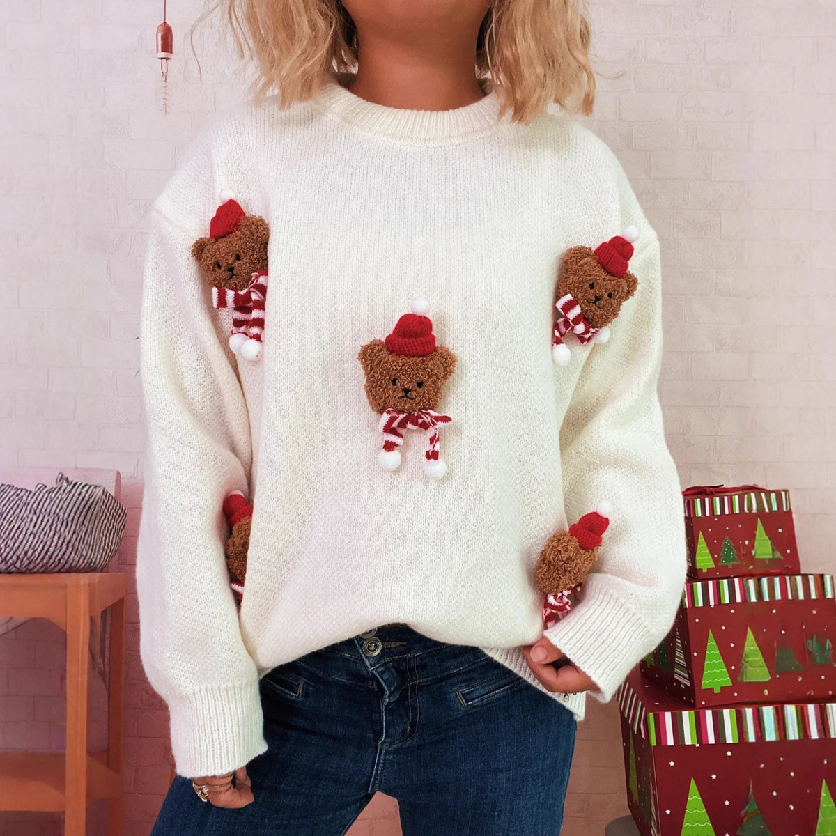 Red Christmas sweater with teddy bear appliqués and a crew neck