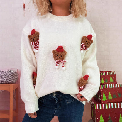 Red Christmas sweater with teddy bear appliqués and a crew neck