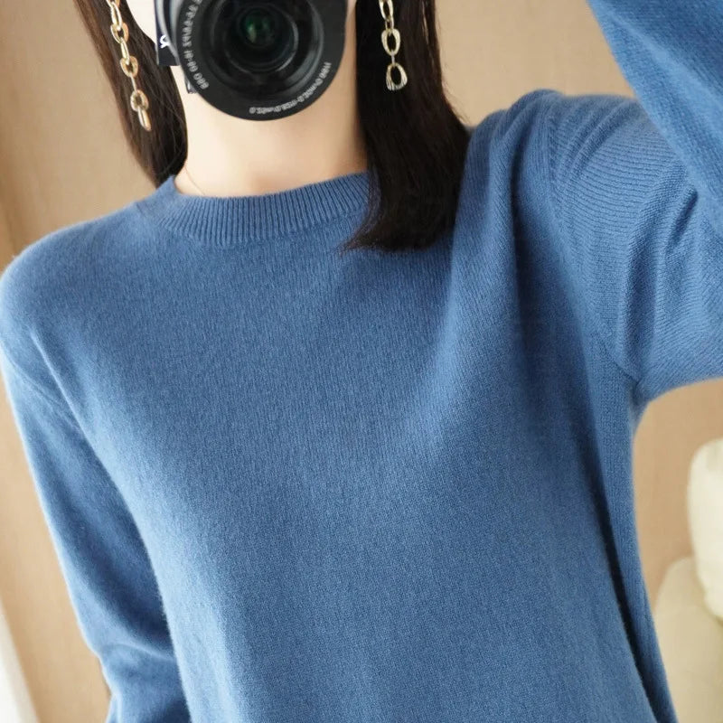 Damen Rundhals Pullover Langarm Basic Strickpullover
