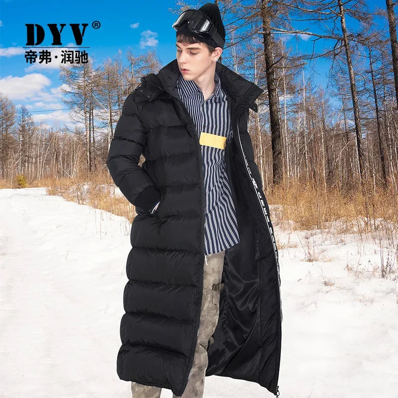 Long black men's puffer coat with hood