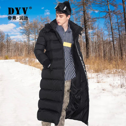 Long black men's puffer coat with hood