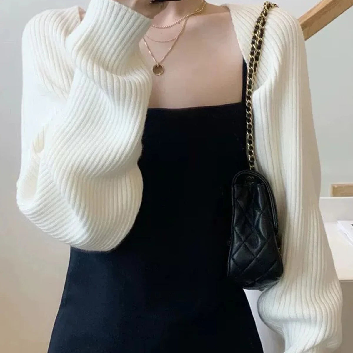 Women's knitted bolero shrug, ribbed knit, short-sleeve cropped top, off-shoulder