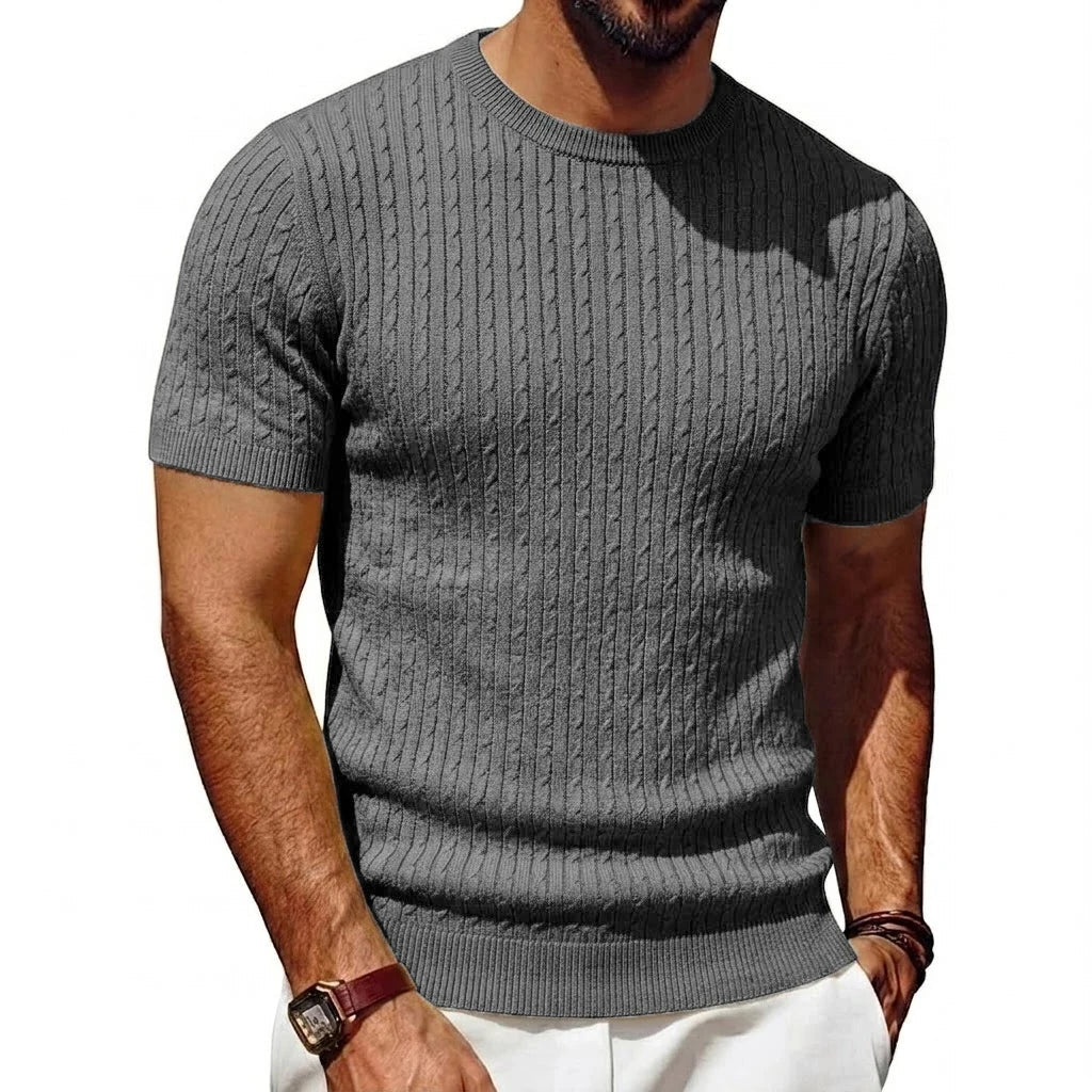 Men's short-sleeve knit pullover cable-knit pattern crew neck