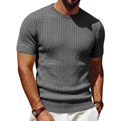 Men's short-sleeve knit pullover cable-knit pattern crew neck