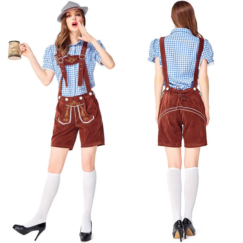 Women's Oktoberfest costume set: dirndl, lederhosen shorts, and checked shirt