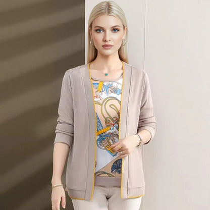 Damen Cardigan Set Beige mit Muster-Top Zweiteiler