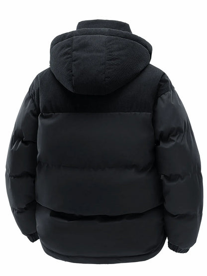 Unisex Winter Steppjacke mit Kapuze, gepolstert, Kord-Details