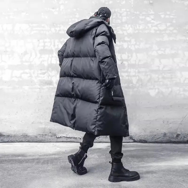 Long black men's quilted winter coat with hood and zippers