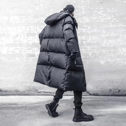 Long black men's quilted winter coat with hood and zippers