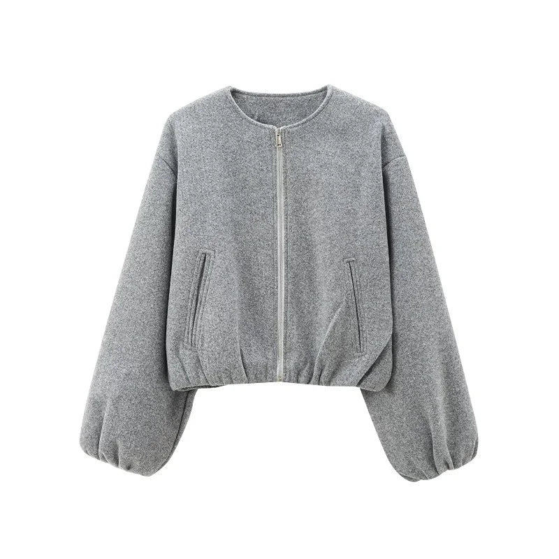 Damen Bomberjacke kurz Rundhals Grau Beige mit Reißverschluss und Seitentaschen