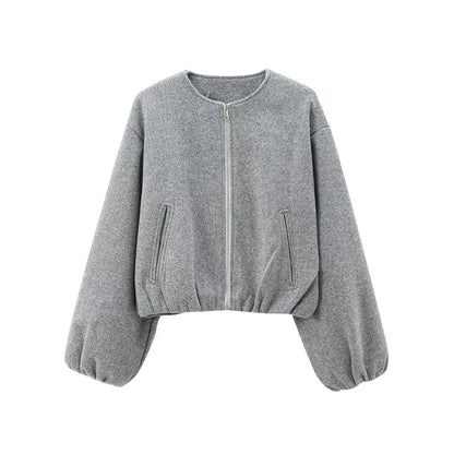 Damen Bomberjacke kurz Rundhals Grau Beige mit Reißverschluss und Seitentaschen