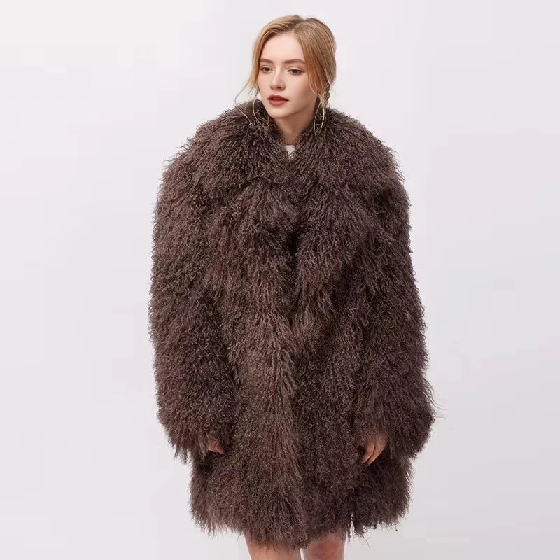 Damen Faux-Lammfell Mantel Langarm Zottelig Kunstfell Jacke