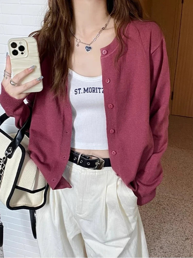 Women's crew-neck cardigan with buttons - Solid-color soft long-sleeve knitted cardigan