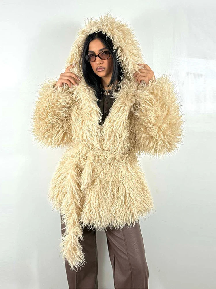 Women's fluffy hooded jacket with tie belt shaggy look