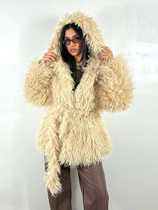 Damen Kapuzenjacke Flauschig mit Bindegürtel Shaggy-Optik
