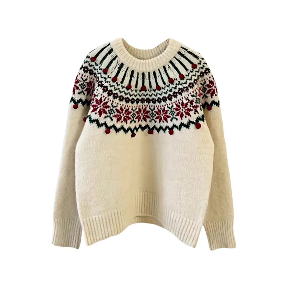Women's Fair Isle sweater with turtleneck and decorative beads, white
